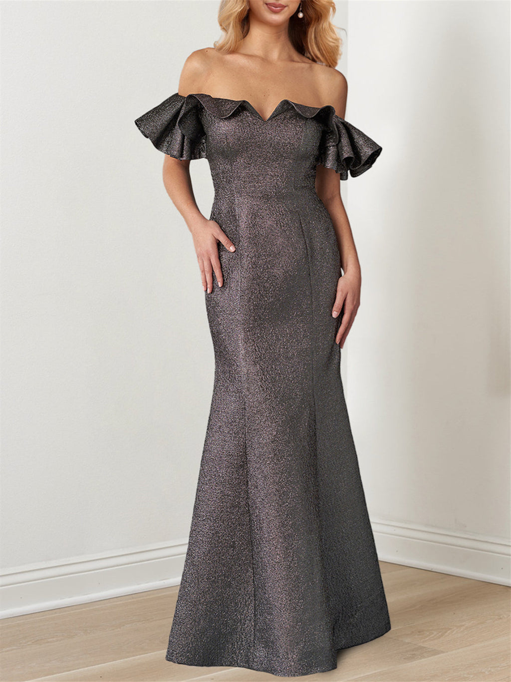Off Shoulder Floor Length Mermaid Gown With Ruffle Sleeves For Mother Of Bride