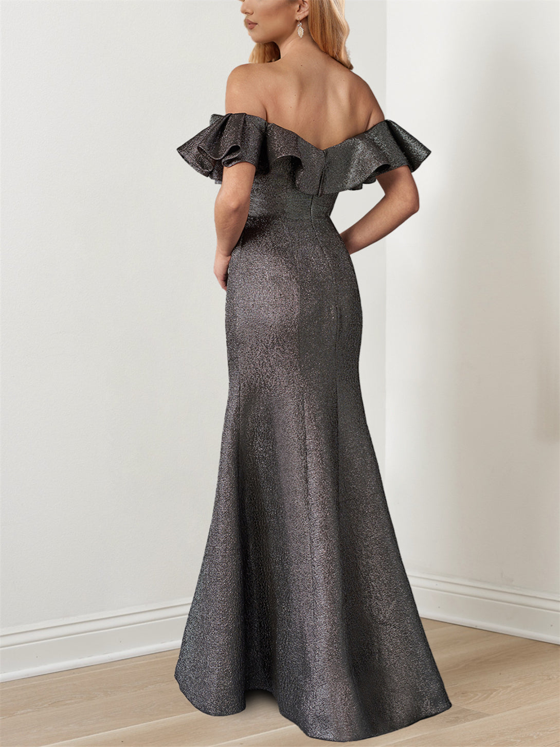 Off Shoulder Floor Length Mermaid Gown With Ruffle Sleeves For Mother Of Bride