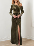 Floor Length Mother Of The Bride A Line Dress Beaded Cuffs Asymmetrical Neckline