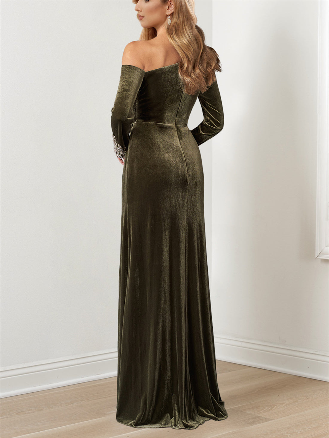 Floor Length Mother Of The Bride A Line Dress Beaded Cuffs Asymmetrical Neckline