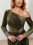 Floor Length Mother Of The Bride A Line Dress Beaded Cuffs Asymmetrical Neckline