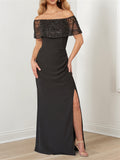 Sparkling A Line Floor Length Mother Of The Bride Dress Portrait Neckline