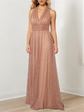 Metallic V Neck Halter Mother Of The Bride A Line Floor Length Dress