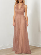 Metallic V Neck Halter Mother Of The Bride A Line Floor Length Dress