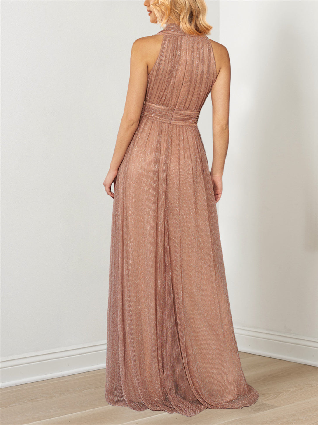 Metallic V Neck Halter Mother Of The Bride A Line Floor Length Dress