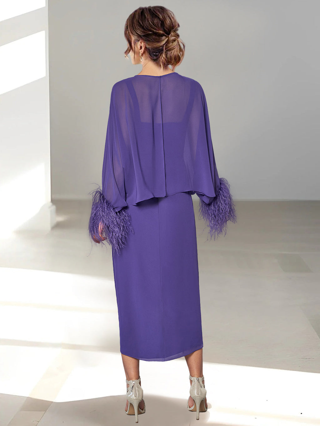 Feathered Jacket Tea Length Mother Of The Bride A Line Princess Dresses