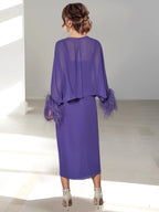 Feathered Jacket Tea Length Mother Of The Bride A Line Princess Dresses