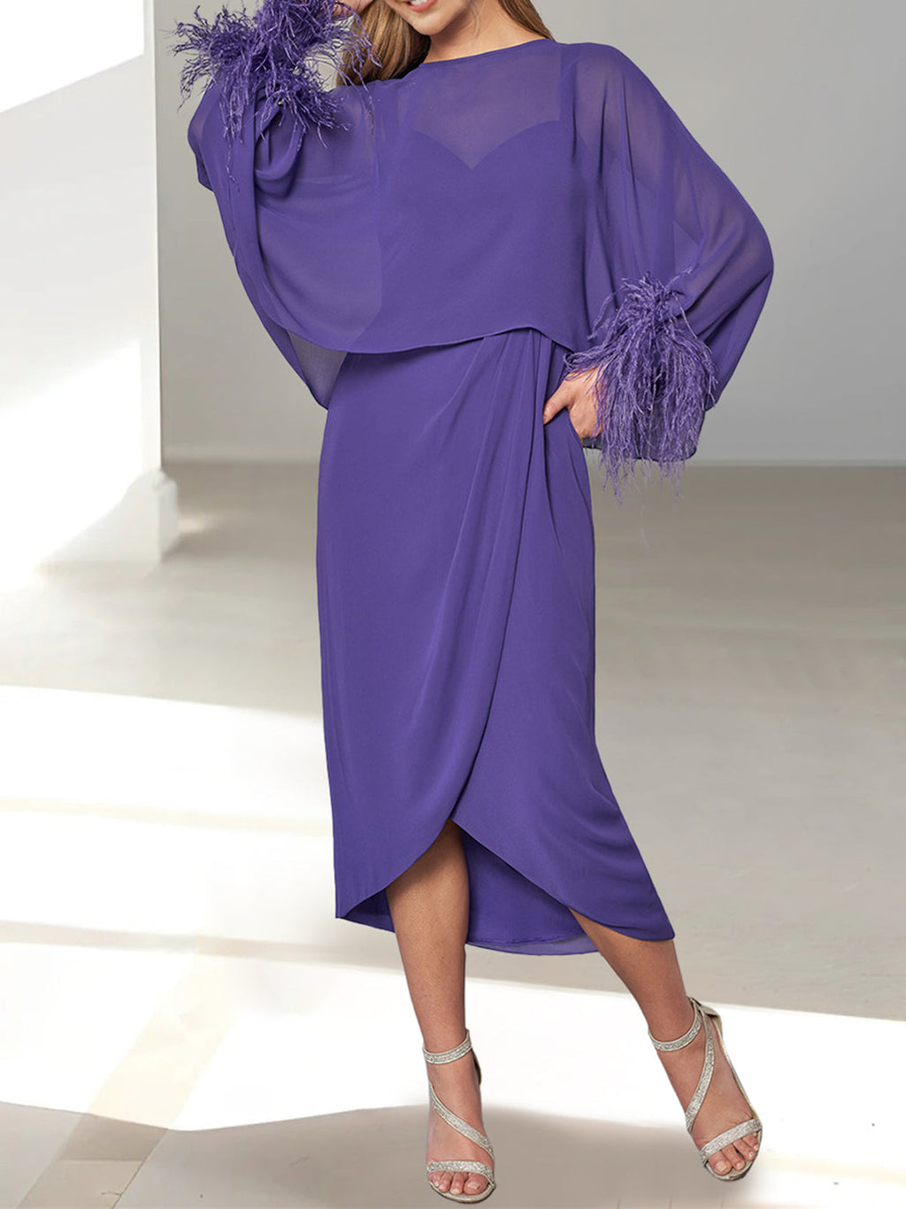 Feathered Jacket Tea Length Mother Of The Bride A Line Princess Dresses
