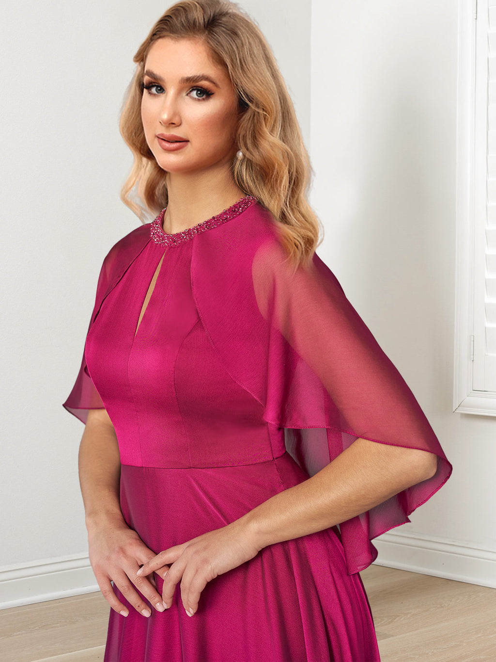 Floor Length Mother of the Bride A Line Dress With Hand Beaded Jewel Neckline