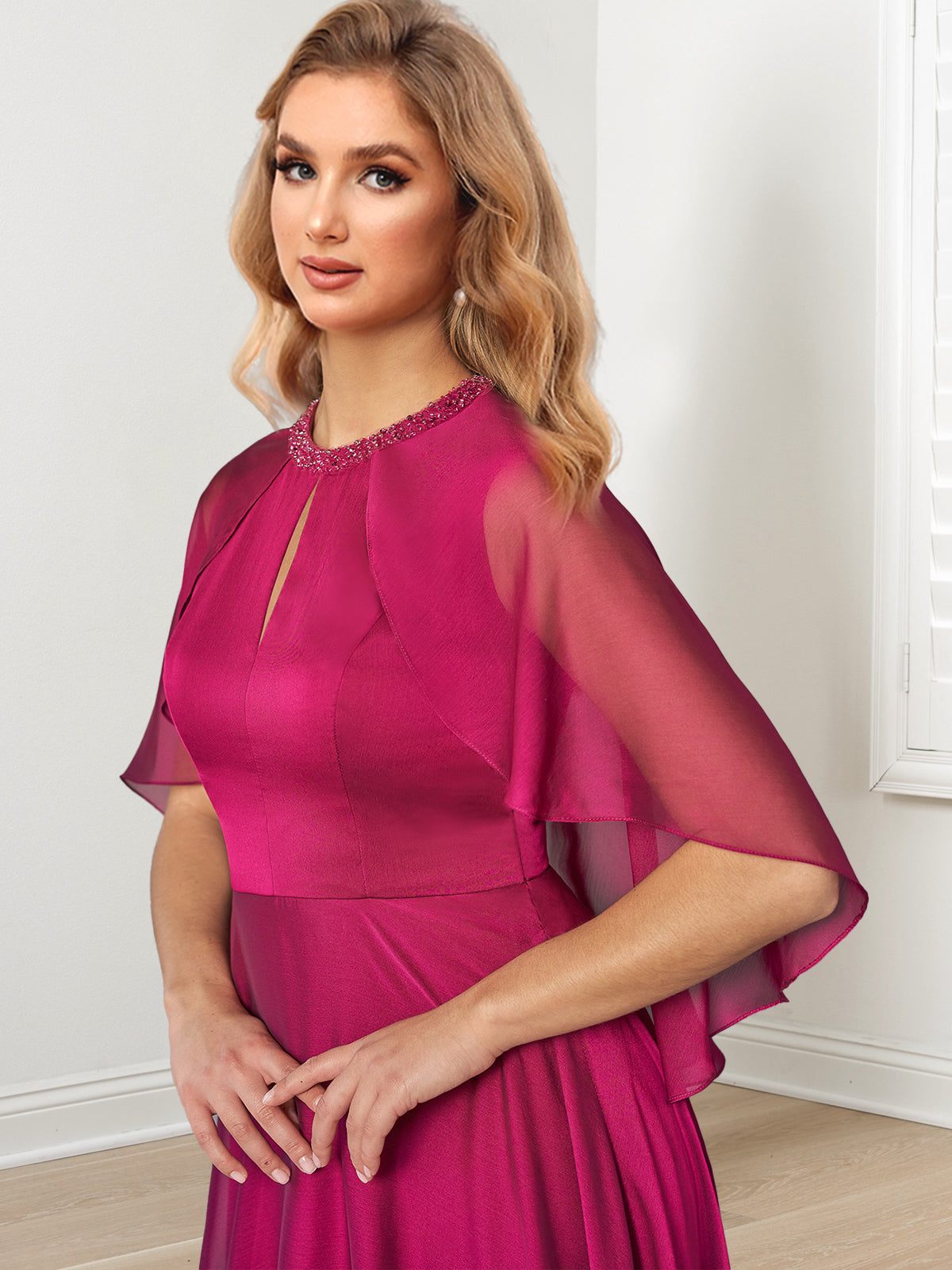 Floor Length Mother of the Bride A Line Dress With Hand Beaded Jewel Neckline