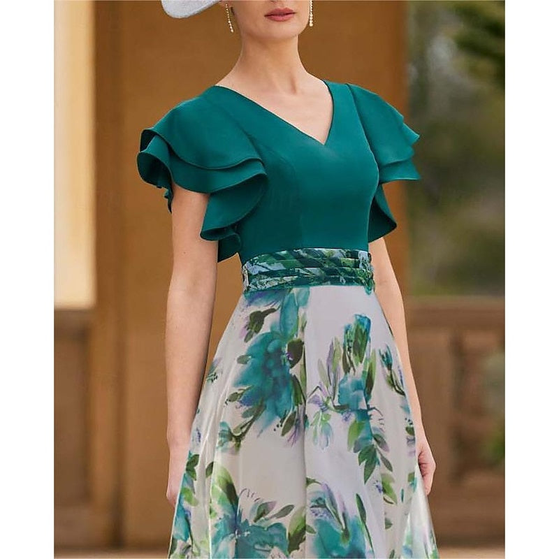 Floral V Neck A Line Dress For Mother Of The Bride Short Sleeve Ankle Length