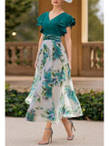 Floral V Neck A Line Dress For Mother Of The Bride Short Sleeve Ankle Length