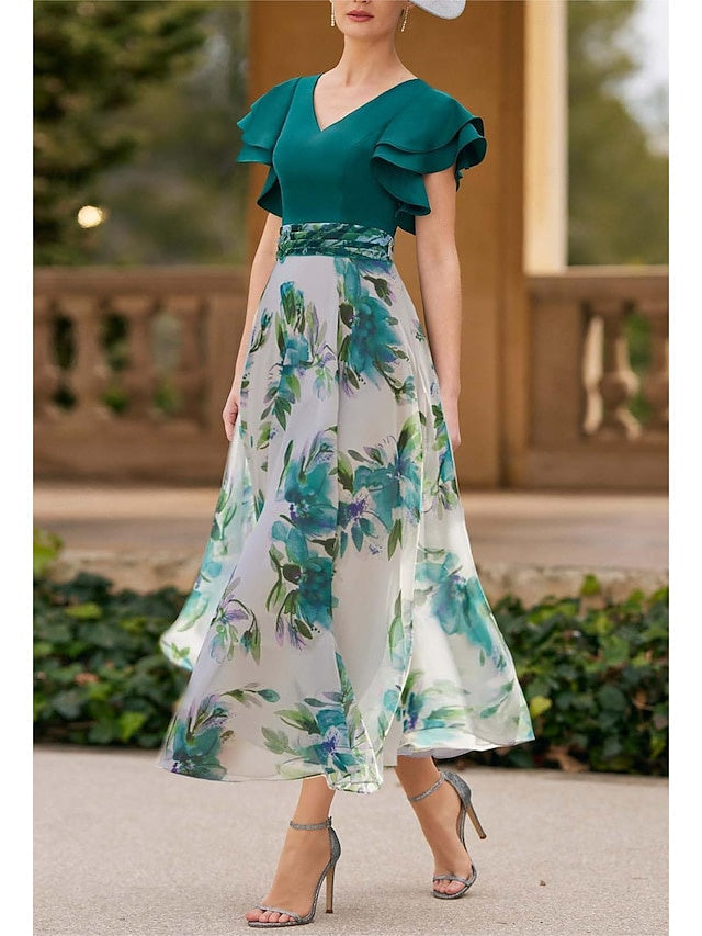 Floral V Neck A Line Dress For Mother Of The Bride Short Sleeve Ankle Length