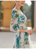V Neck Floral A Line Mother Of The Bride Dress With Three Quarter Sleeves