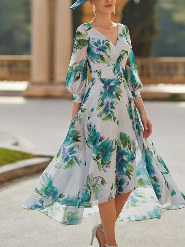 V Neck Floral A Line Mother Of The Bride Dress With Three Quarter Sleeves