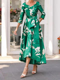V Neck A Line Tea Length Mother Of The Bride With Three Quarter Sleeves Sash