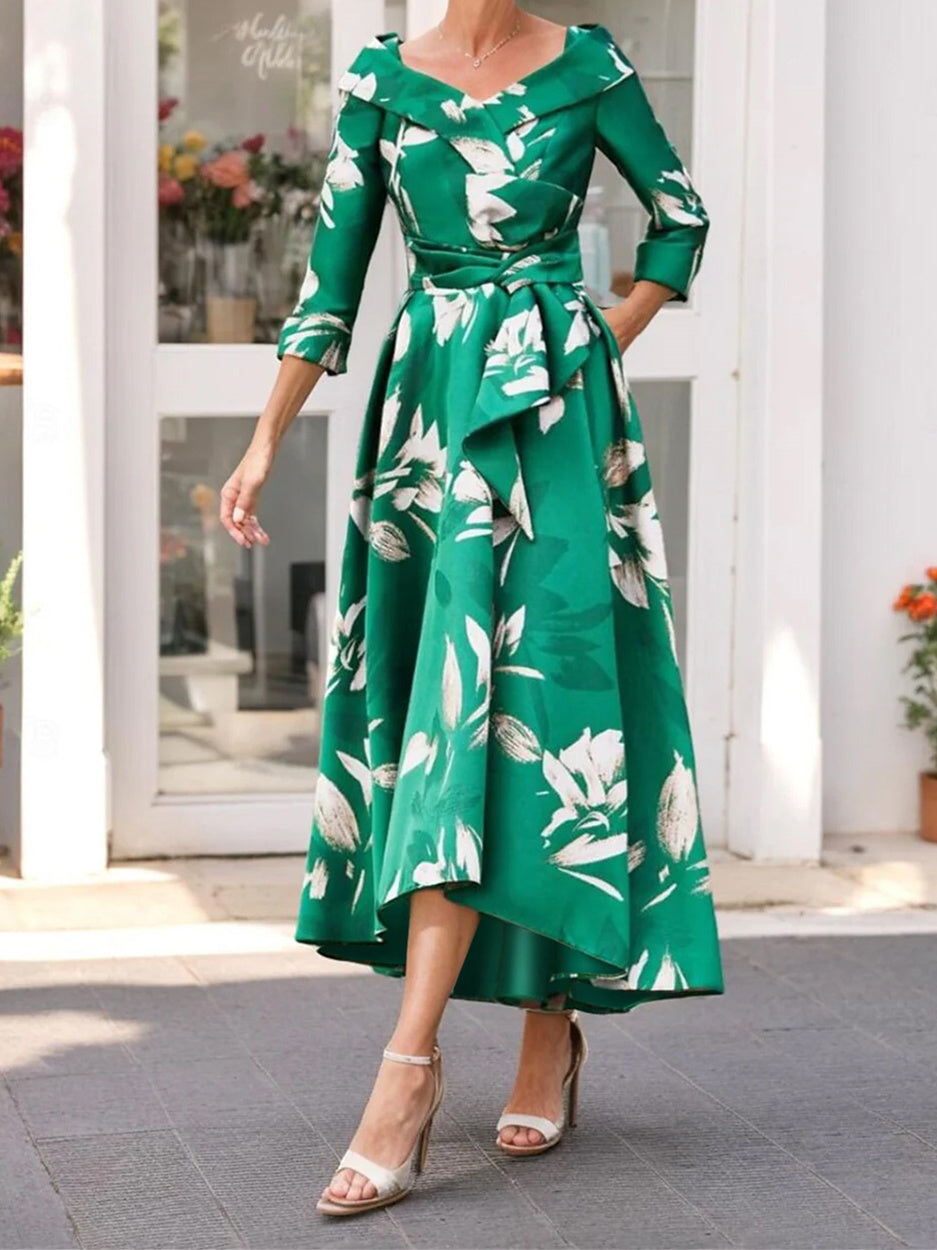 V Neck A Line Tea Length Mother Of The Bride With Three Quarter Sleeves Sash