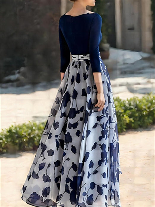 Floral Mother Of The Bride Dress With V Neck And Three Quarter Sleeves