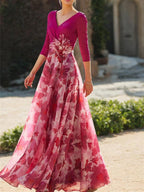 Floral Mother Of The Bride Dress With V Neck And Three Quarter Sleeves