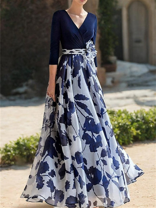 Floral Mother Of The Bride Dress With V Neck And Three Quarter Sleeves