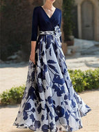 Floral Mother Of The Bride Dress With V Neck And Three Quarter Sleeves