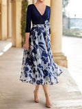 Mother of the Bride Gown a Line Floral V Neck Three Quarter Sleeves Ankle Length
