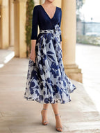 Mother of the Bride Gown a Line Floral V Neck Three Quarter Sleeves Ankle Length
