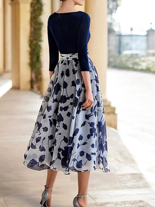Mother of the Bride Gown a Line Floral V Neck Three Quarter Sleeves Ankle Length