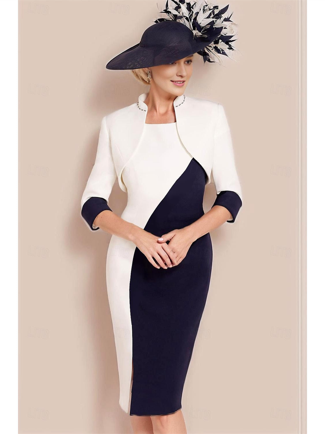 Knee Length Two Piece Mother Of The Bride Dress With Jacket Jewel Neck