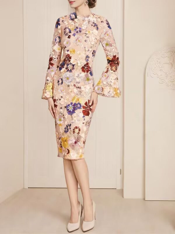 Tea Length Lace Sheath Dress With Three Quarter Sleeves For Mother Of The Bride