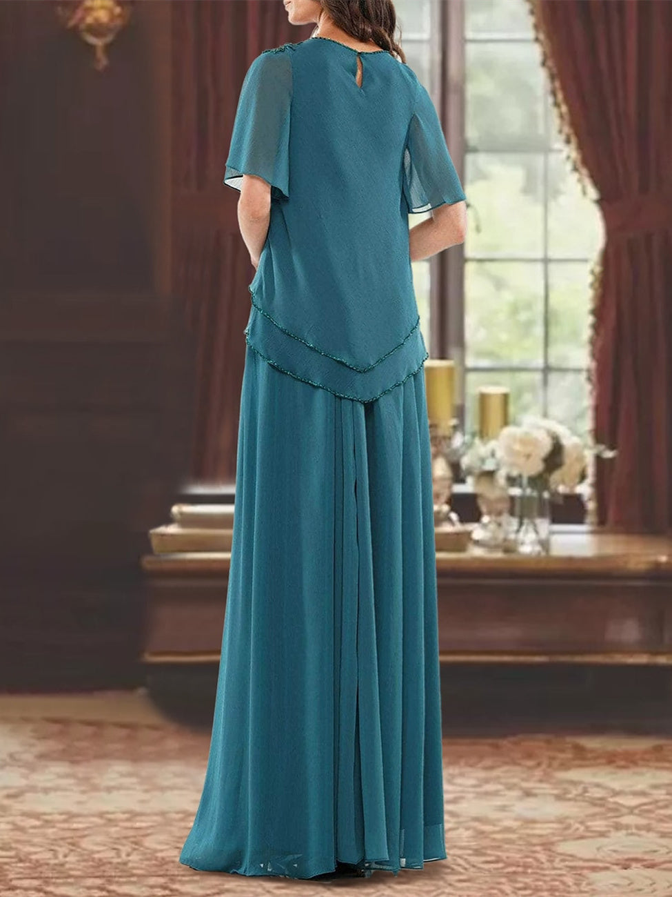 Princess A Line Floor Length Mother Of The Bride Dress Jewel Neck Beading Pleats