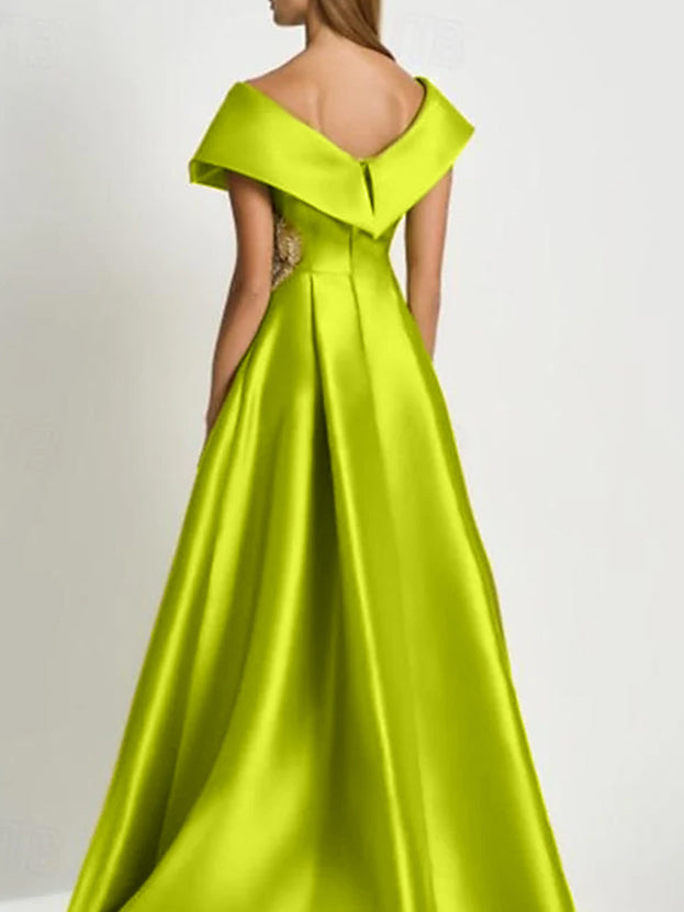 Elegant Satin V Neck Dress for Mother of the Bride with Rhinestones Short Sleeve