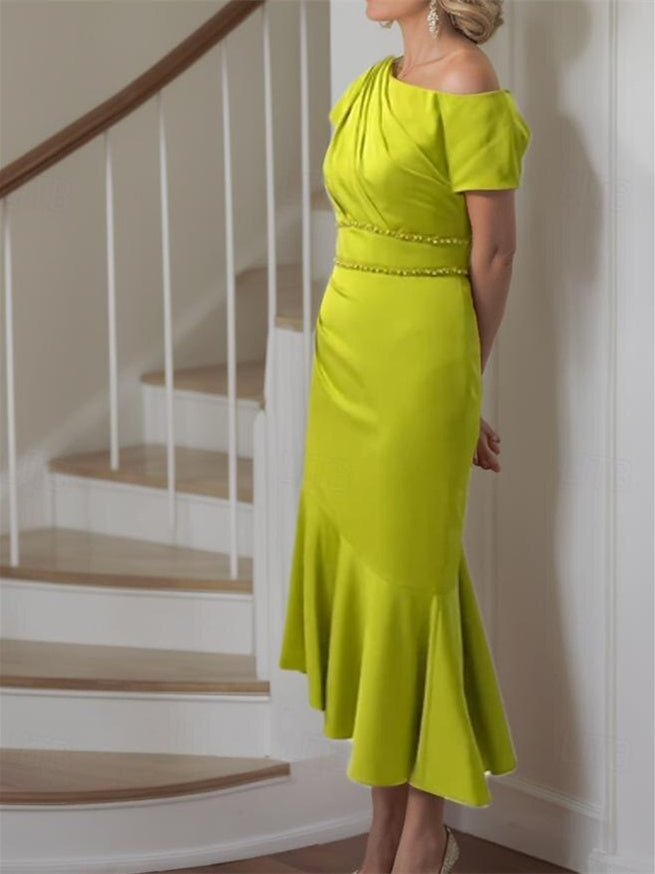 One Shoulder Strappy Charmeuse Tea Length Dress For The Mother Of The Bride