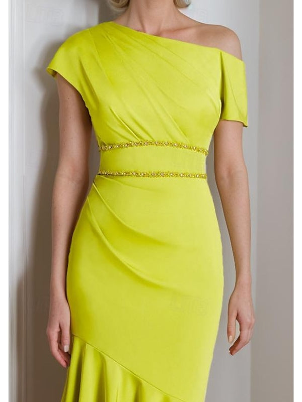 One Shoulder Strappy Charmeuse Tea Length Dress For The Mother Of The Bride