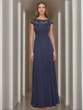 Mother of the Bride Floor Length A Line Dress Appliques Jewel Neck Short Sleeve