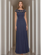 Mother of the Bride Floor Length A Line Dress Appliques Jewel Neck Short Sleeve
