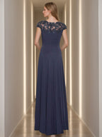 Mother of the Bride Floor Length A Line Dress Appliques Jewel Neck Short Sleeve