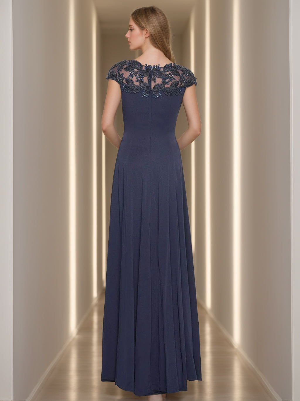 Mother of the Bride Floor Length A Line Dress Appliques Jewel Neck Short Sleeve