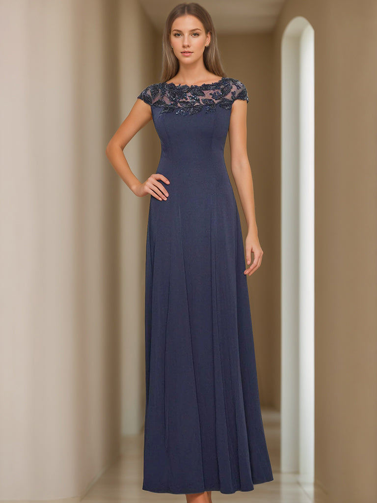Mother of the Bride Floor Length A Line Dress Appliques Jewel Neck Short Sleeve