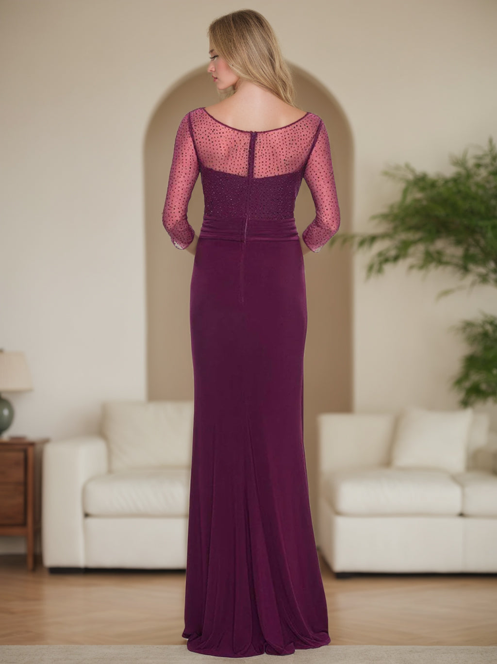 V Neck Floor Length Mother Of The Bride Dress With Rhinestones Ruched Ruffles