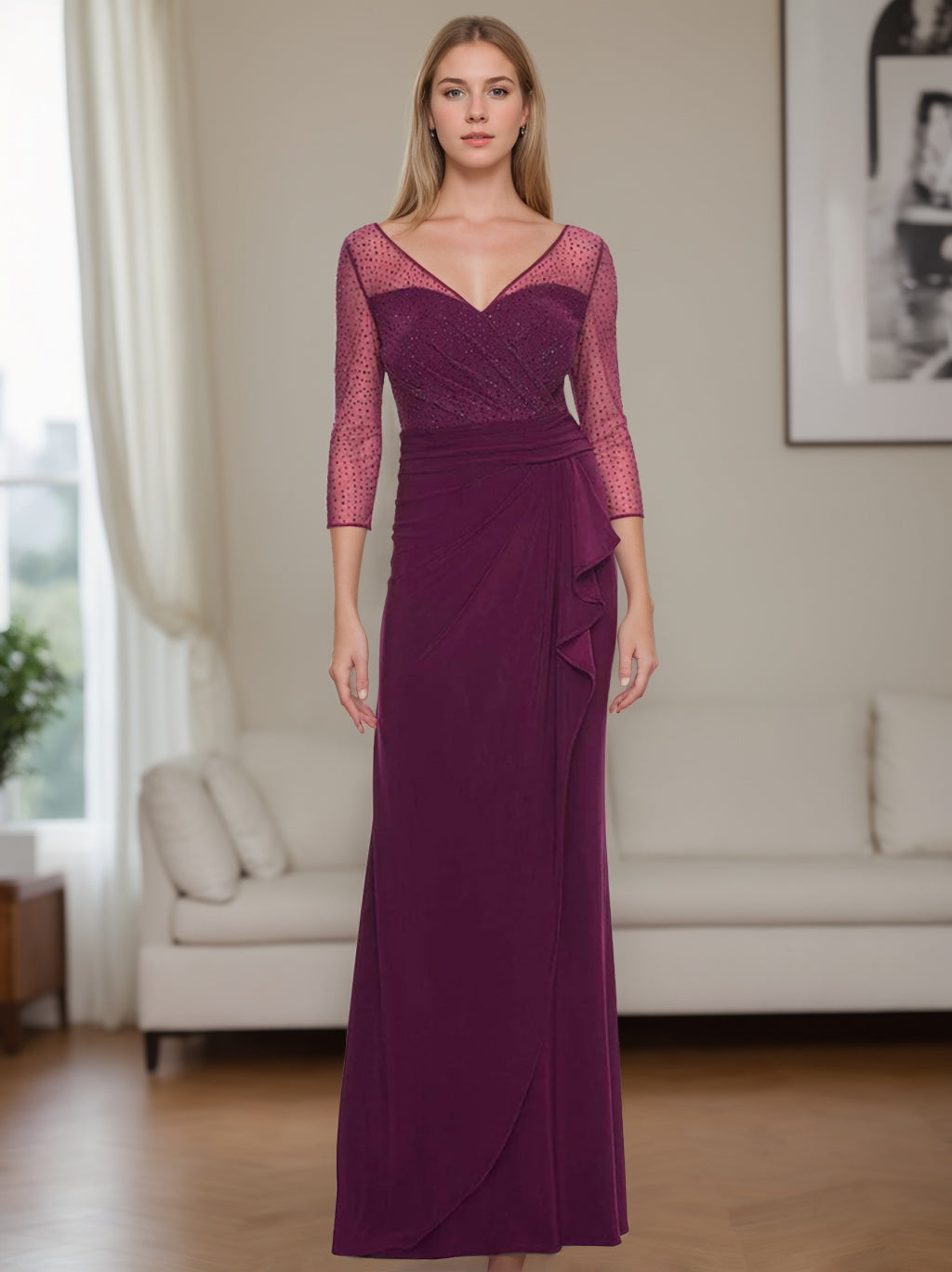 V Neck Floor Length Mother Of The Bride Dress With Rhinestones Ruched Ruffles