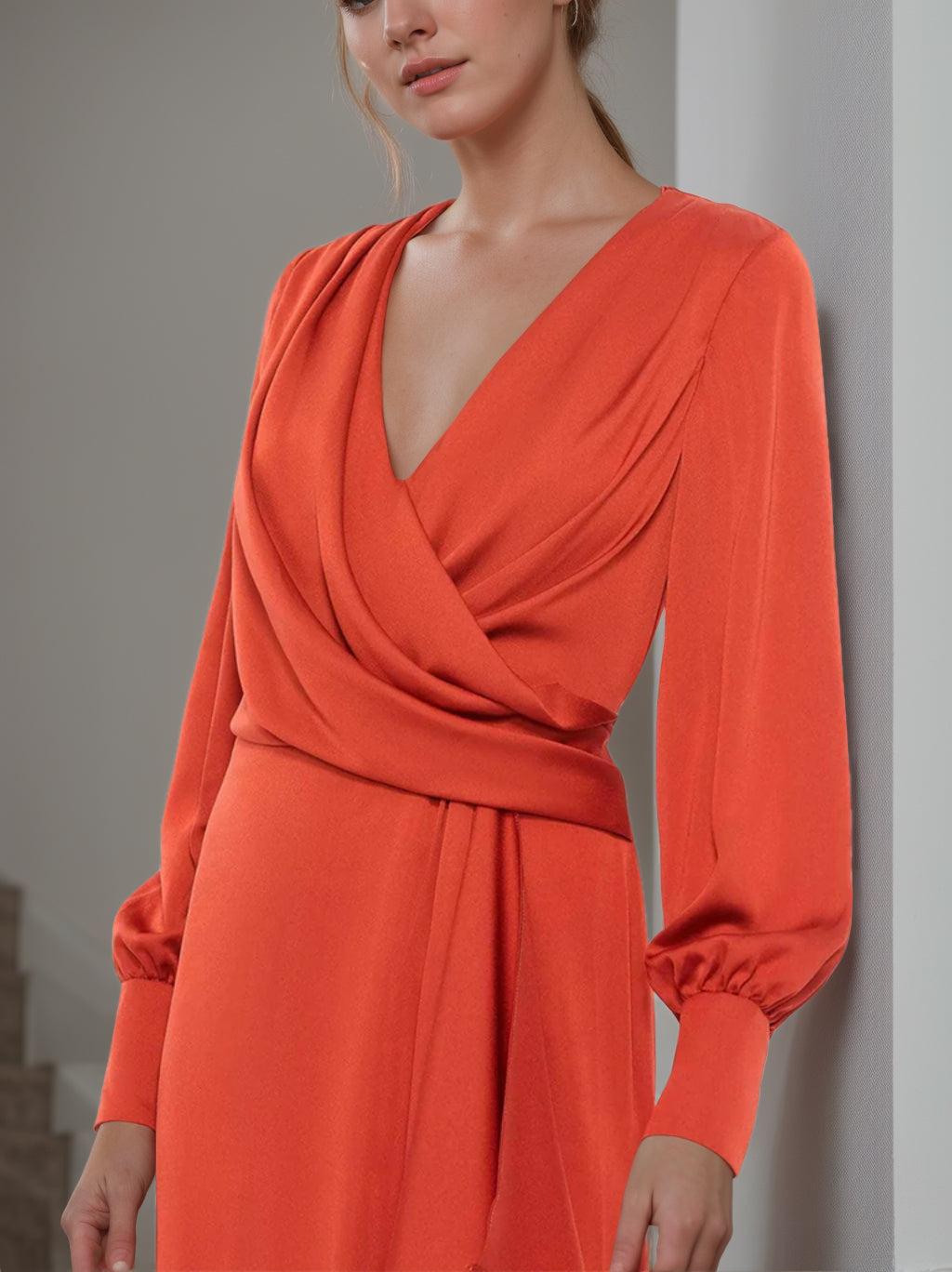 V Neck A Line Floor Length Mother of the Bride Dress with Ruffled Sleeves
