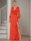 V Neck A Line Floor Length Mother of the Bride Dress with Ruffled Sleeves
