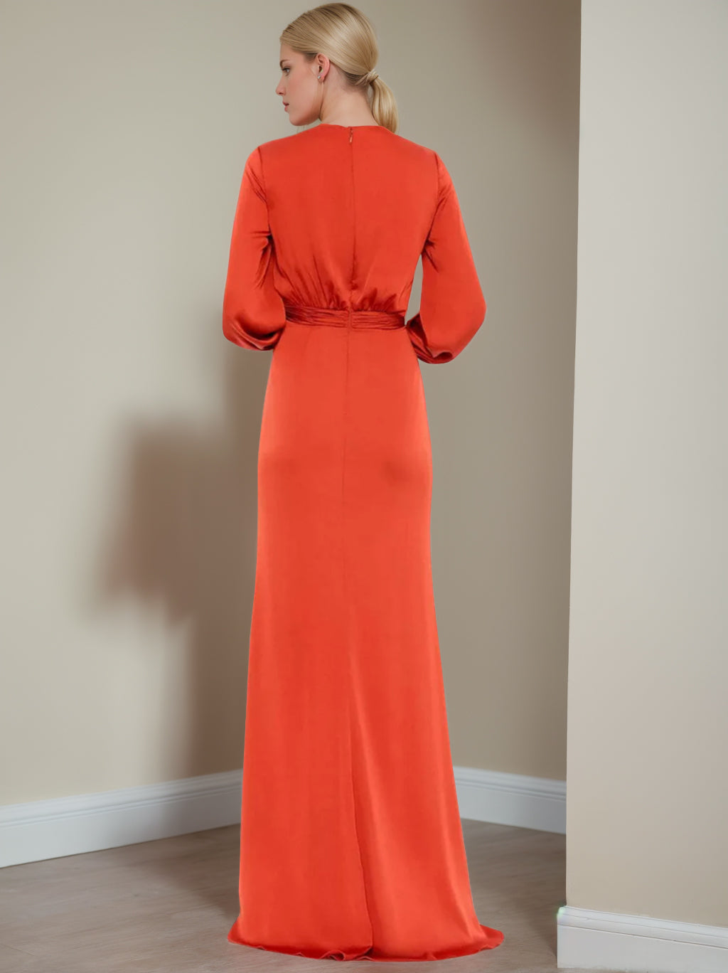 V Neck A Line Floor Length Mother of the Bride Dress with Ruffled Sleeves