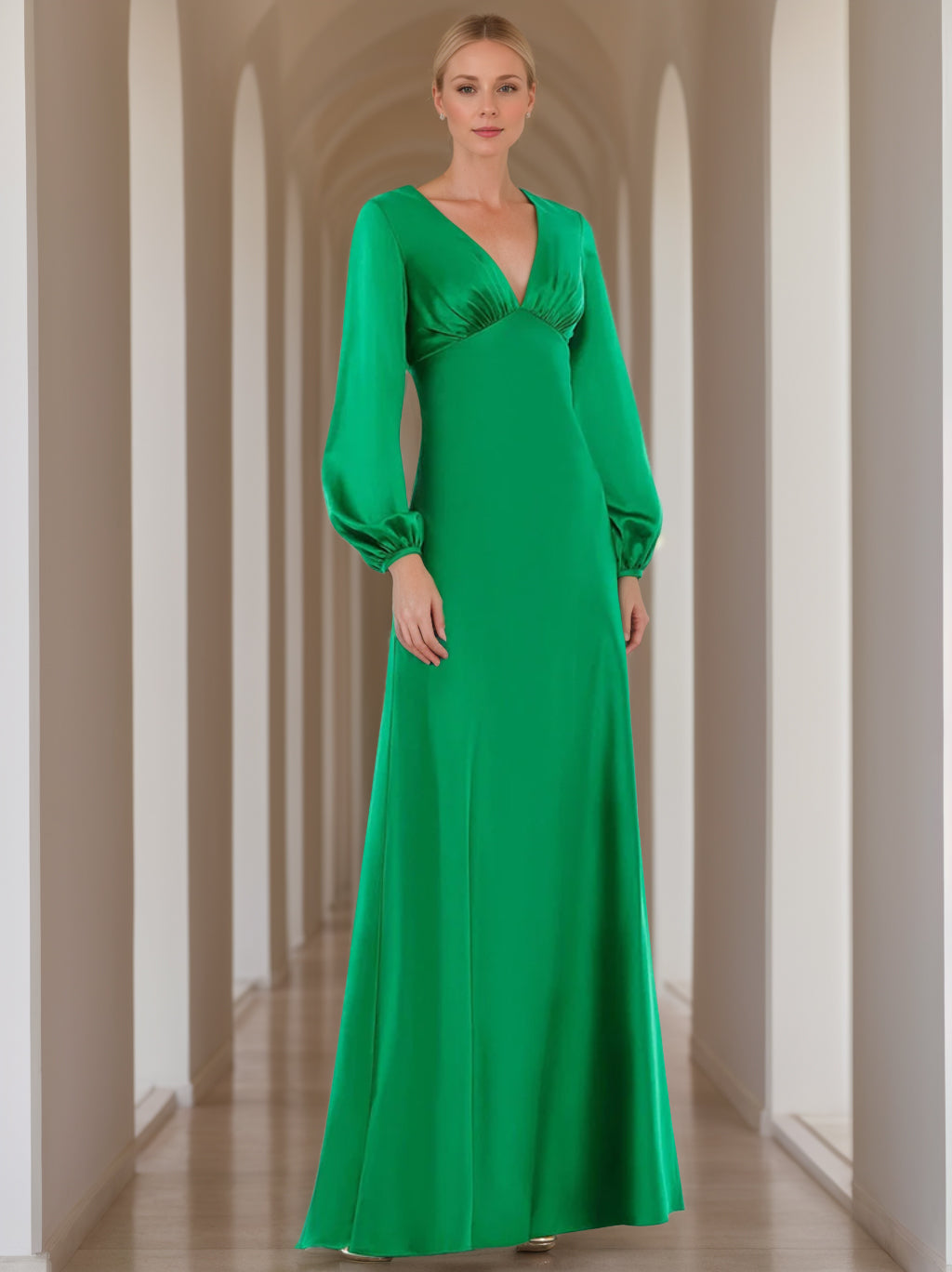 V Neck A Line Mother Of The Bride Dress With Long Sleeves And Ruffles