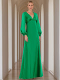 V Neck A Line Mother Of The Bride Dress With Long Sleeves And Ruffles