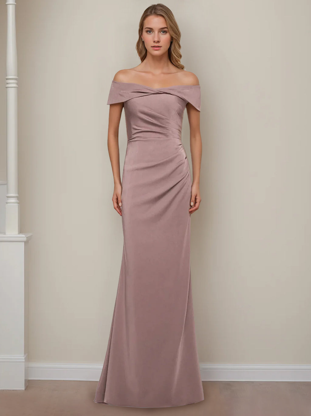Off Shoulder Mother Of The Bride Dress With Ruffles In Floor Length Sheath Style