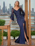 V Neck Mermaid Trumpet Mother Of The Bride Gown With Floral Appliques Side Split