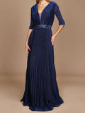 V Neck A Line Princess Gown With Three Quarter Sleeves For Mother Of The Bride