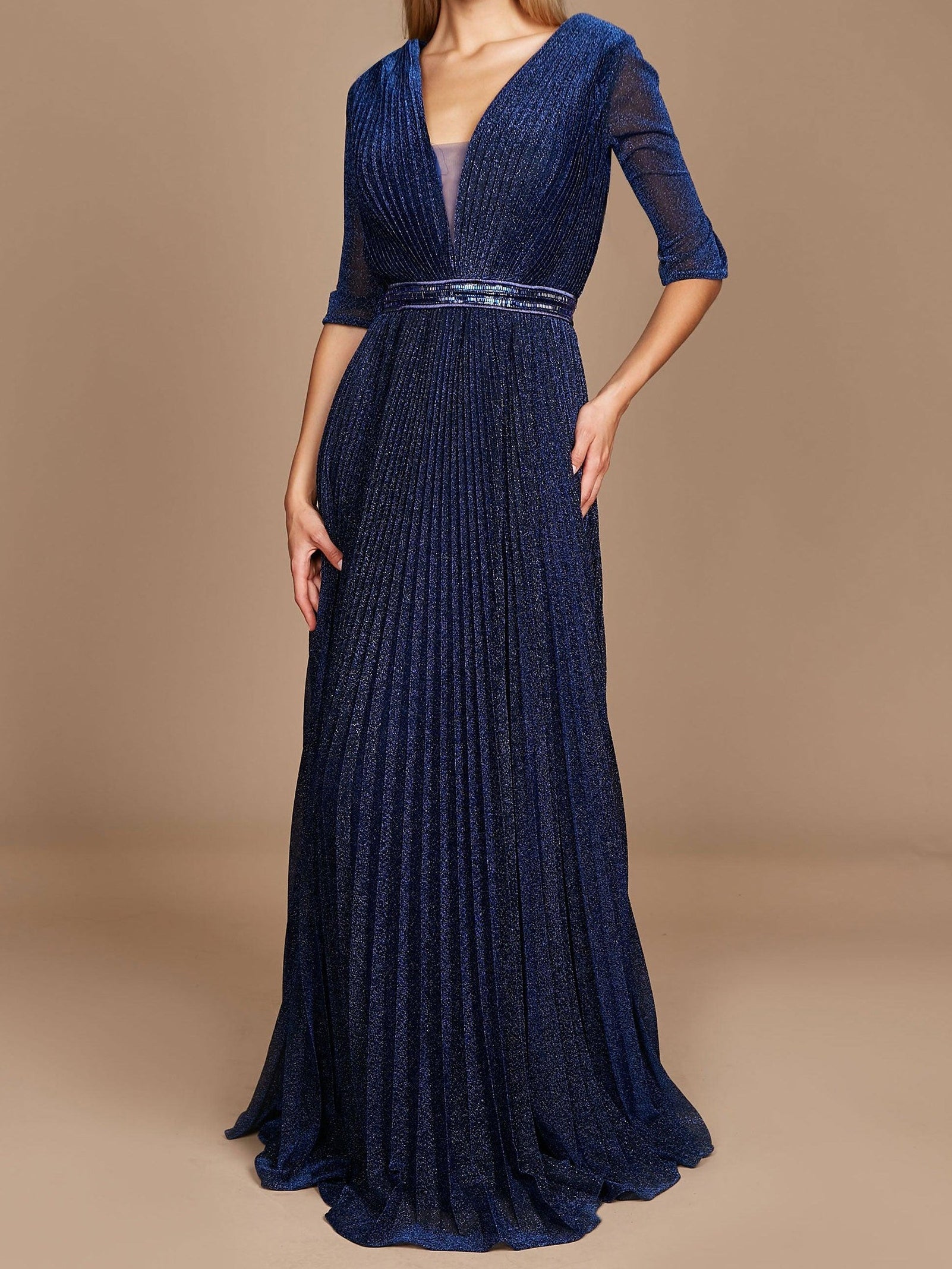 V Neck A Line Princess Gown With Three Quarter Sleeves For Mother Of The Bride